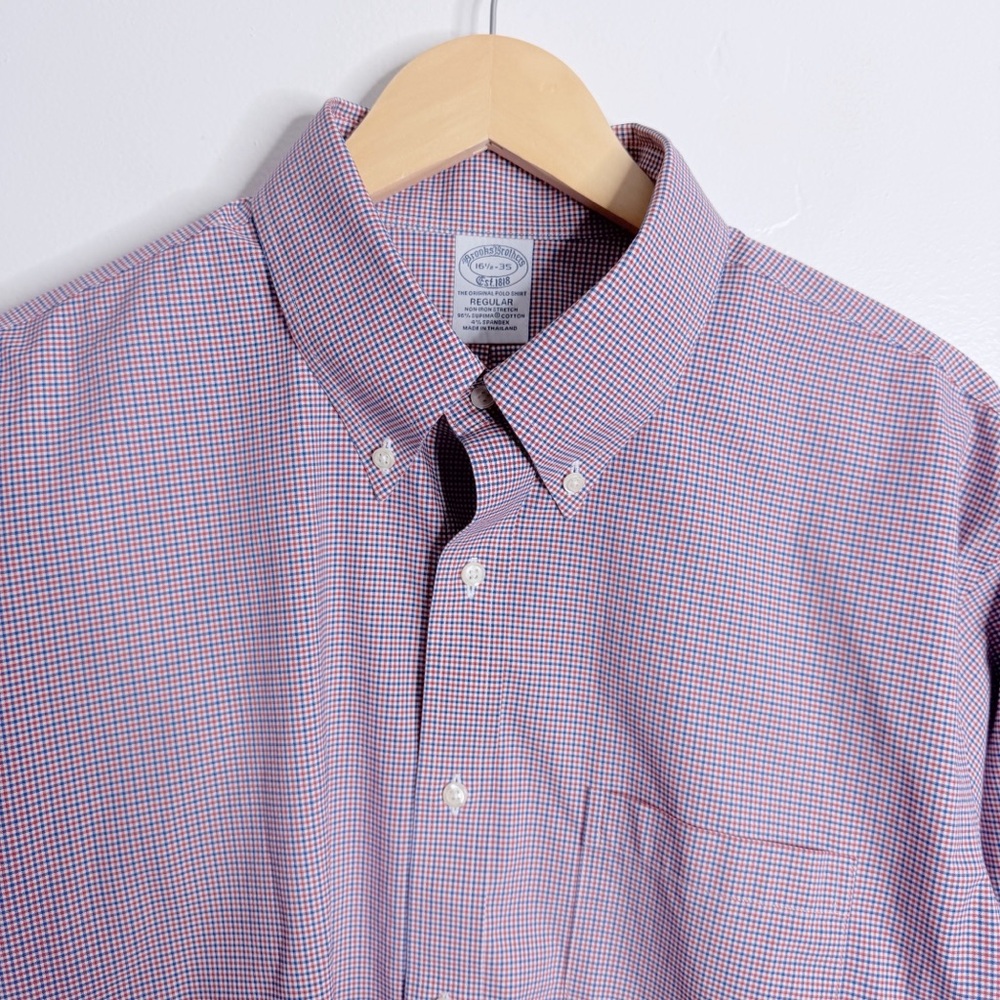 NWOT Brooks Brothers Stretch Supima Cotton Twill Dress Shirt Red Navy Plaid Larg